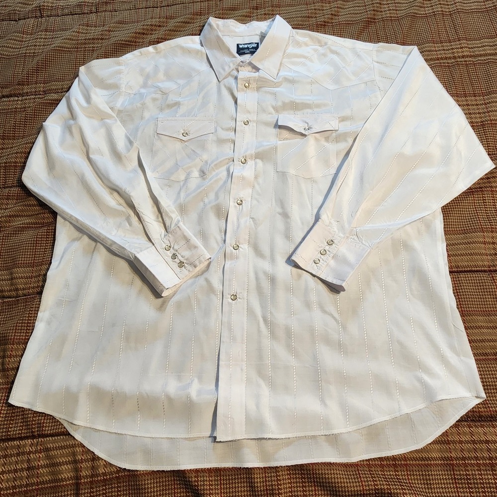 VTG Y2K Wrangler Pearl Snap Shirt XXL White Dobby Stripe Western X-Long Tails